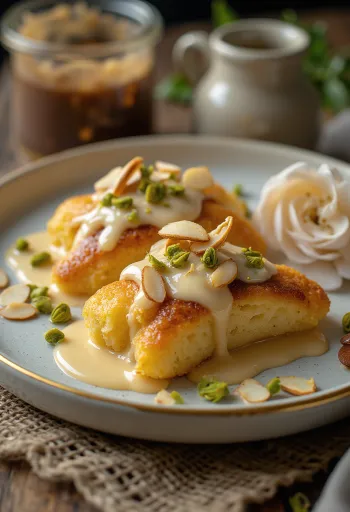 Shahi tukda z vaniljevim prelivom, okrašena z mandlji in pistacijami