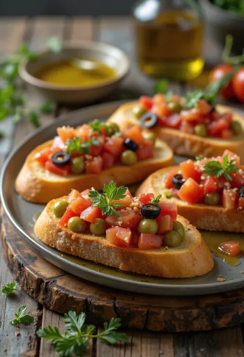 Bruschetta z olivami, paradižnikovo mešanico, okrašena s svežo baziliko