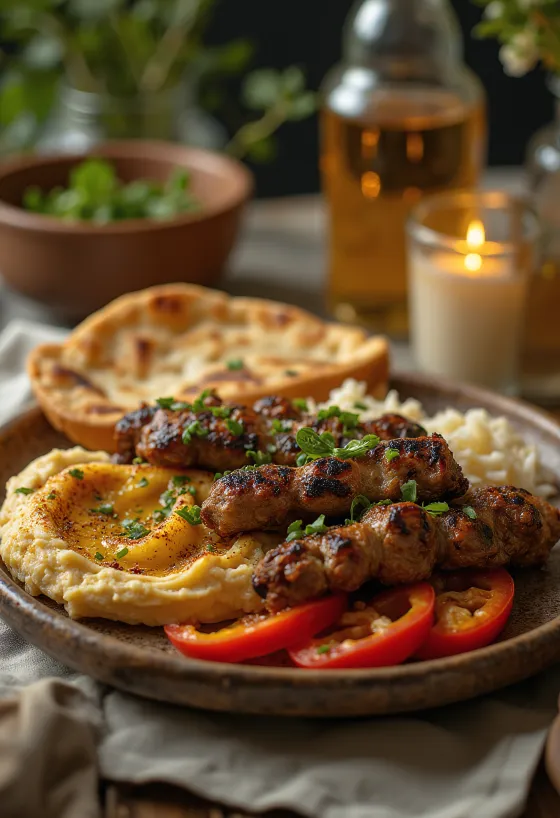 Kebab krožnik z griliranimi mesnimi nabodali, humusom in jogurtovo omako