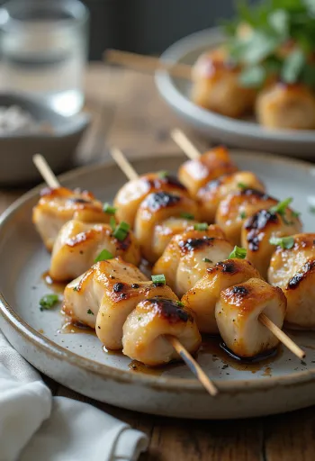 Sasami yakitori piščančje prsi na palčki, postrežene s sezamovimi semeni in svežo zeleno čebulo
