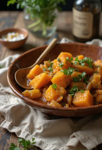 Klasičen tagine s sladkim krompirjem, postrežen z bogatimi začimbami, svežim koriandrom